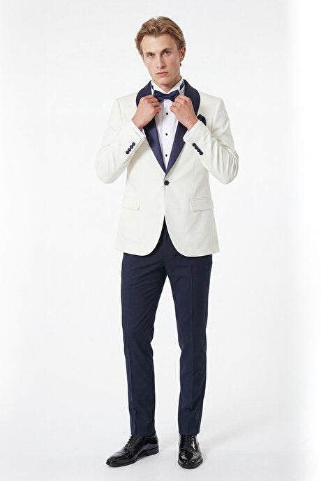 Slim Fit Dar Kesim Mono Yaka Desenli Beyaz-Lacivert Smokin Takım