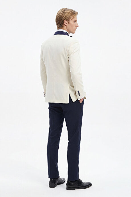 Slim Fit Dar Kesim Mono Yaka Desenli Beyaz-Lacivert Smokin Takım
