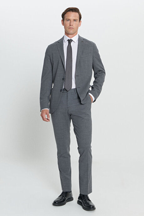Slim Fit Dar Kesim Mono Yaka Yünlü Gri Takım Elbise