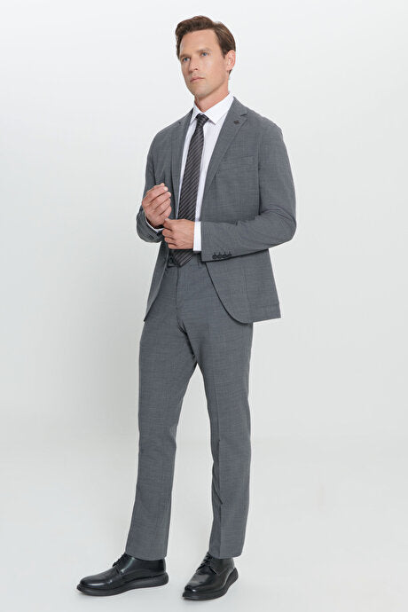 Slim Fit Dar Kesim Mono Yaka Yünlü Gri Takım Elbise