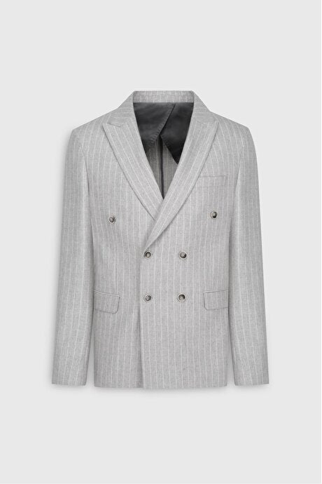 Yünlü Slim Fit Dar Kesim Kırlangıç Yaka Çizgili Kapak Cepli Açık Gri Takım Elbise
