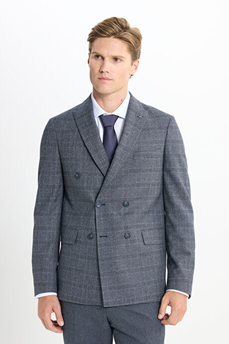 Slim Fit Dar Kesim Kırlangıç Yaka Kareli Kapak Cepli Esnek Koyu Gri Takım Elbise