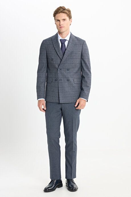 Slim Fit Dar Kesim Kırlangıç Yaka Kareli Kapak Cepli Esnek Koyu Gri Takım Elbise