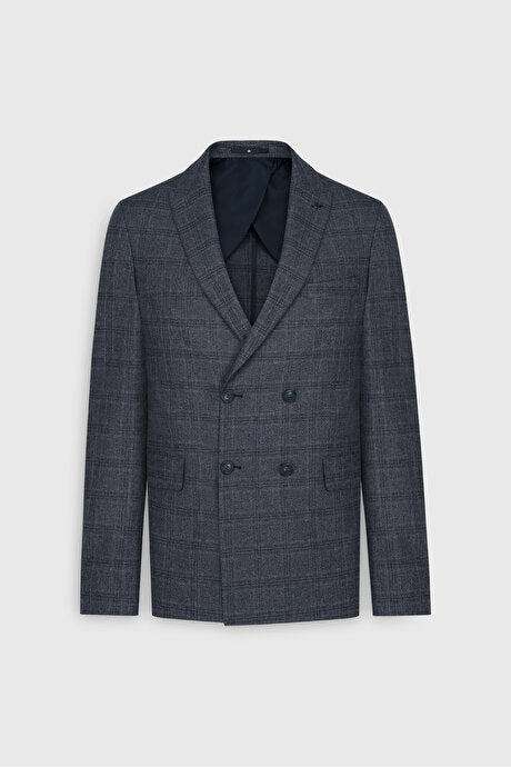 Slim Fit Dar Kesim Kırlangıç Yaka Kareli Kapak Cepli Esnek Koyu Gri Takım Elbise