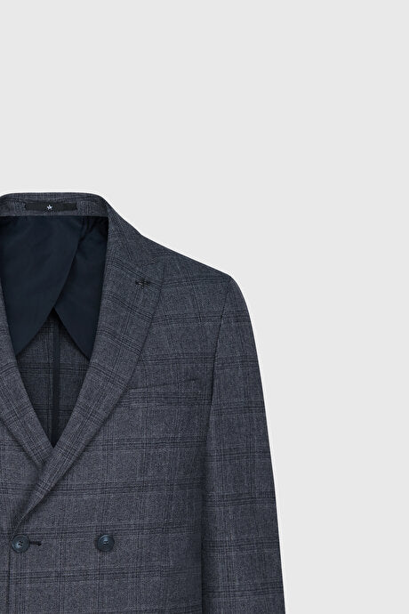 Slim Fit Dar Kesim Kırlangıç Yaka Kareli Kapak Cepli Esnek Koyu Gri Takım Elbise