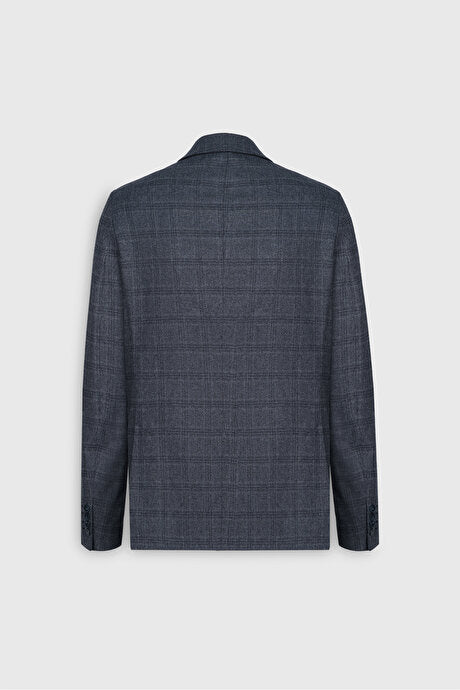 Slim Fit Dar Kesim Kırlangıç Yaka Kareli Kapak Cepli Esnek Koyu Gri Takım Elbise
