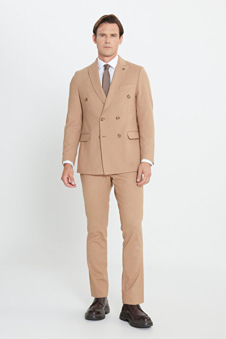 Slim Fit Dar Kesim Kırlangıç Yaka Beli Bağlamalı Çizgili Esnek Kruvaze Camel Takım Elbise