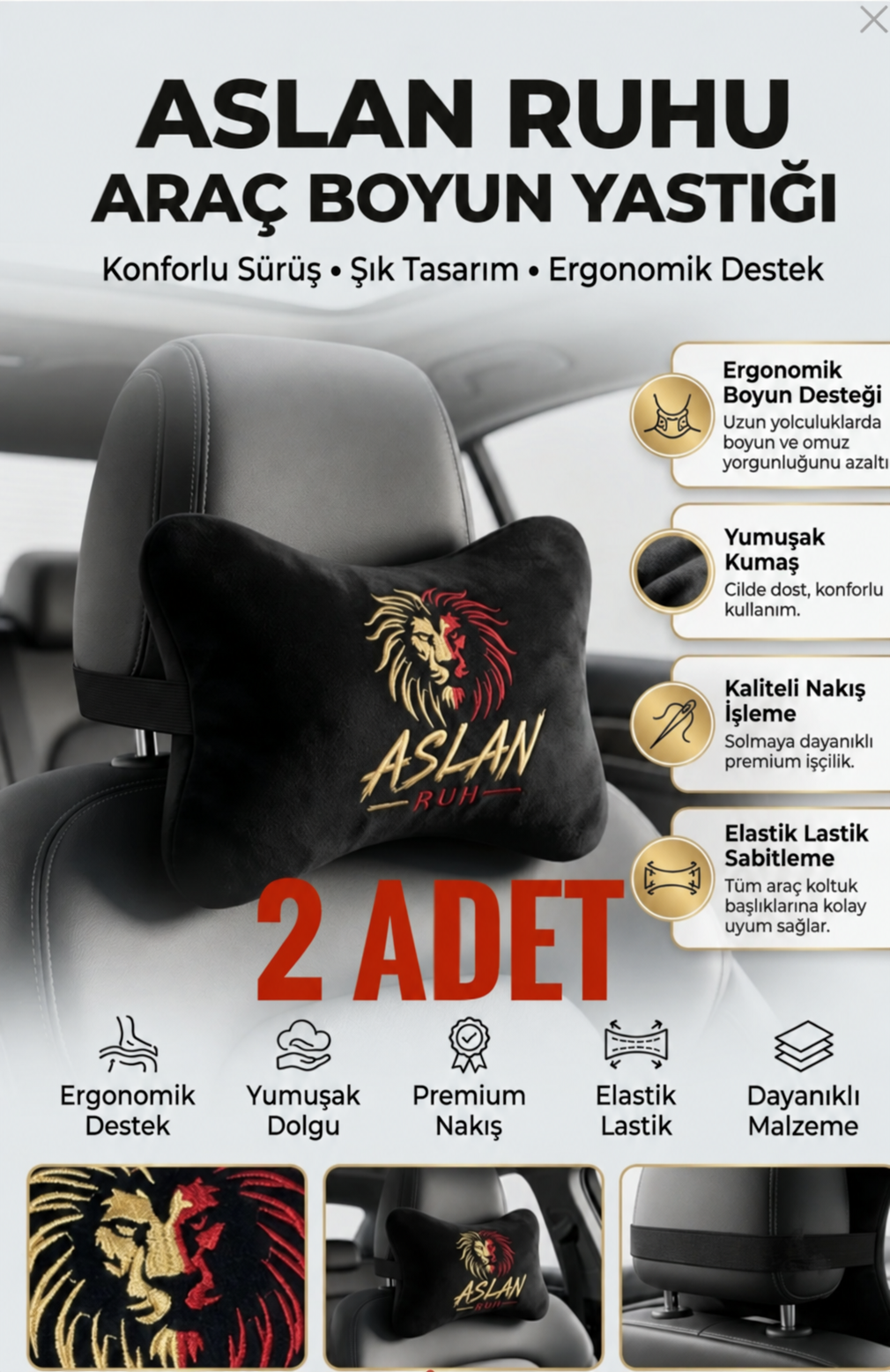 Peluş Aslan Taraftar Nakışlı Oto Boyun Yastığı (2 ADET) Araç Koltuk Boyun Destek Yastığı Seti Oto Aksesuar