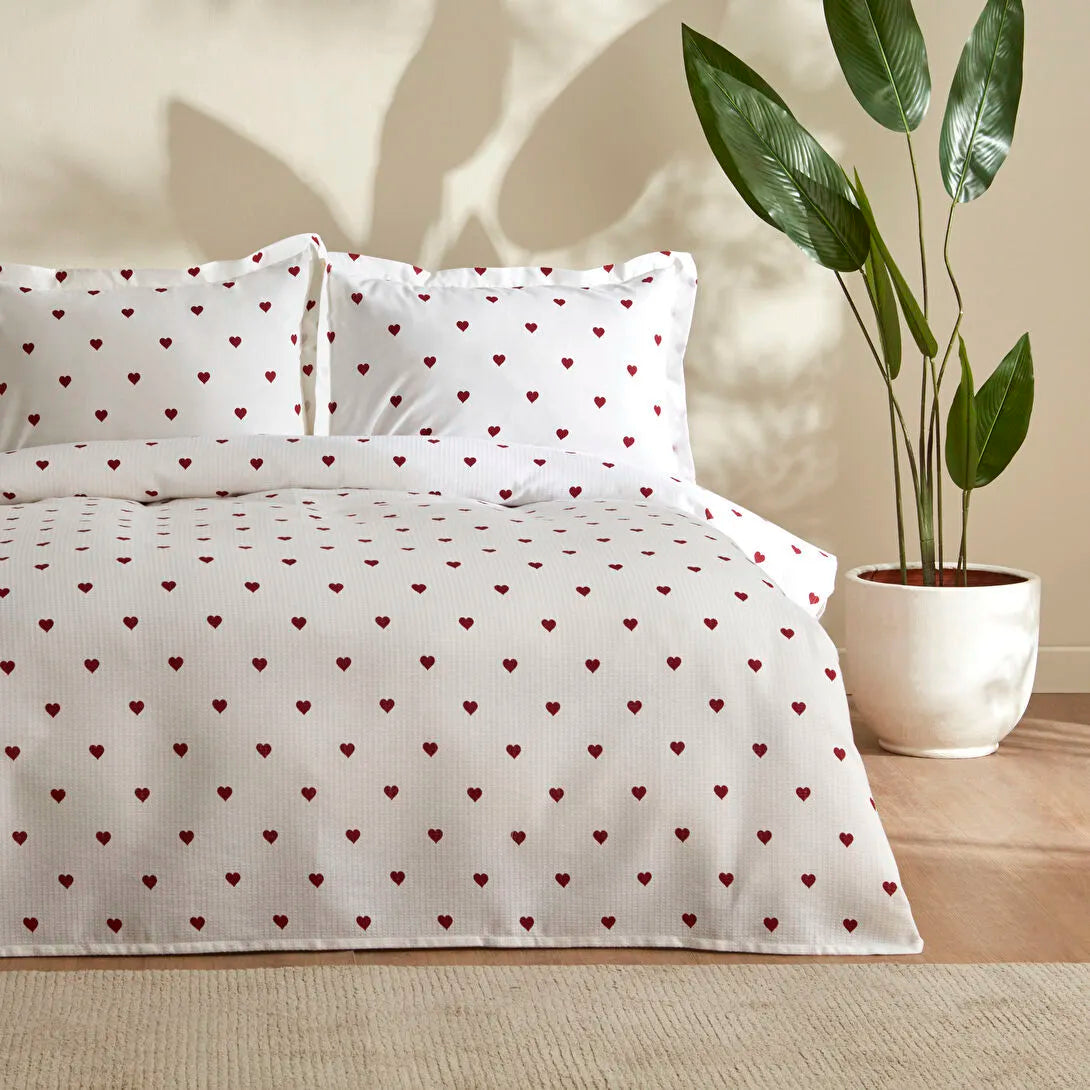 Karaca Home Amour Kalp Desenli %100 Pamuk Çift Kişilik Pike Takımı Kırmızı