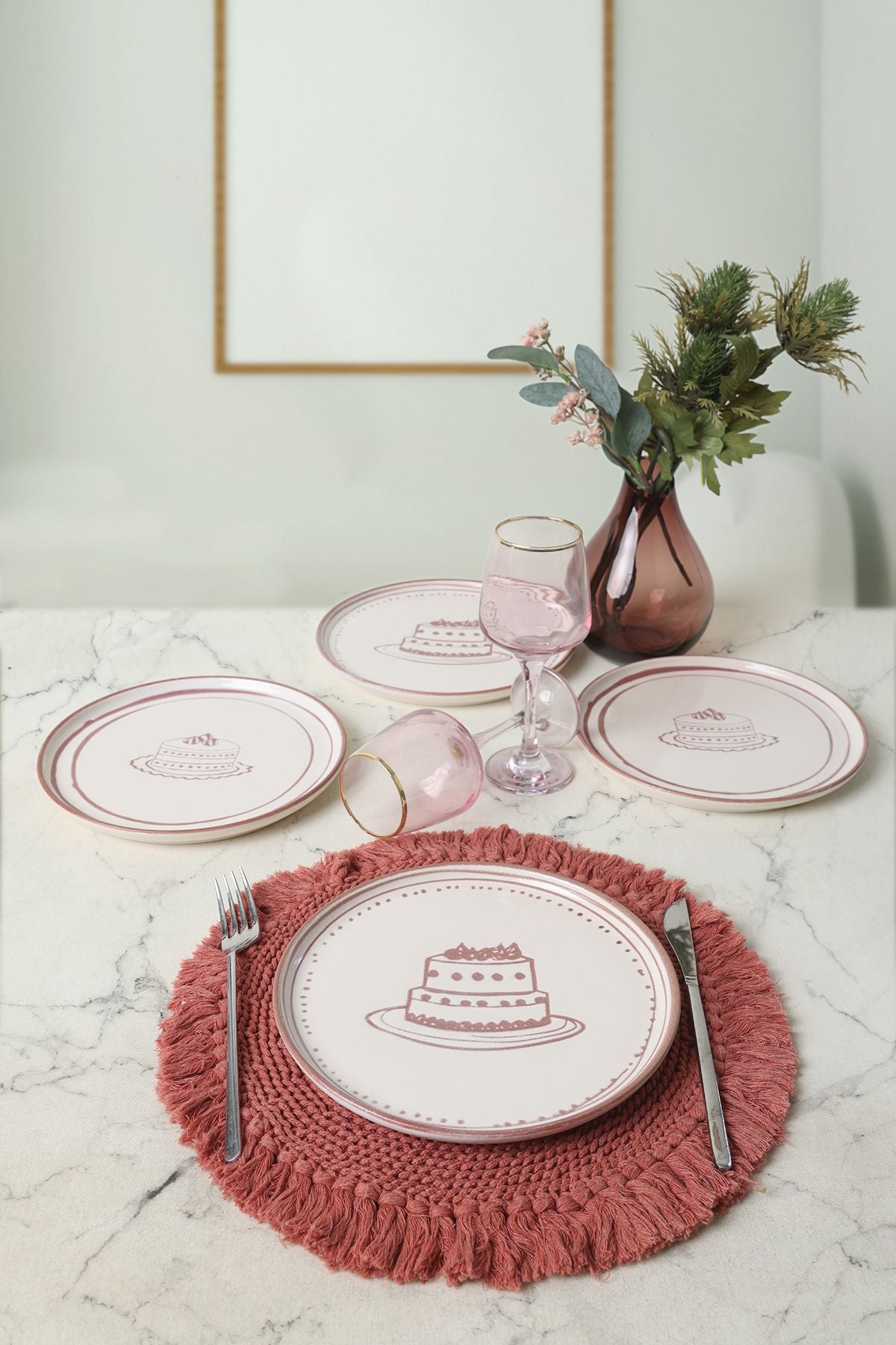 KERAMIKA Pink Cake Nordic Pasta Tabağı 22 Cm 4 Adet
