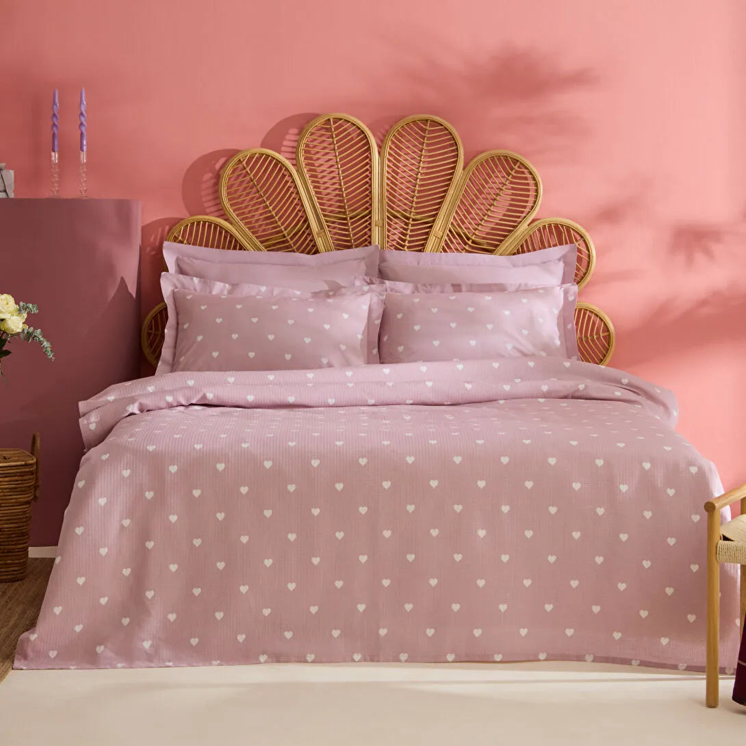 Karaca Home Amour Kalp Desenli %100 Pamuk Çift Kişilik Pike Takımı Pembe