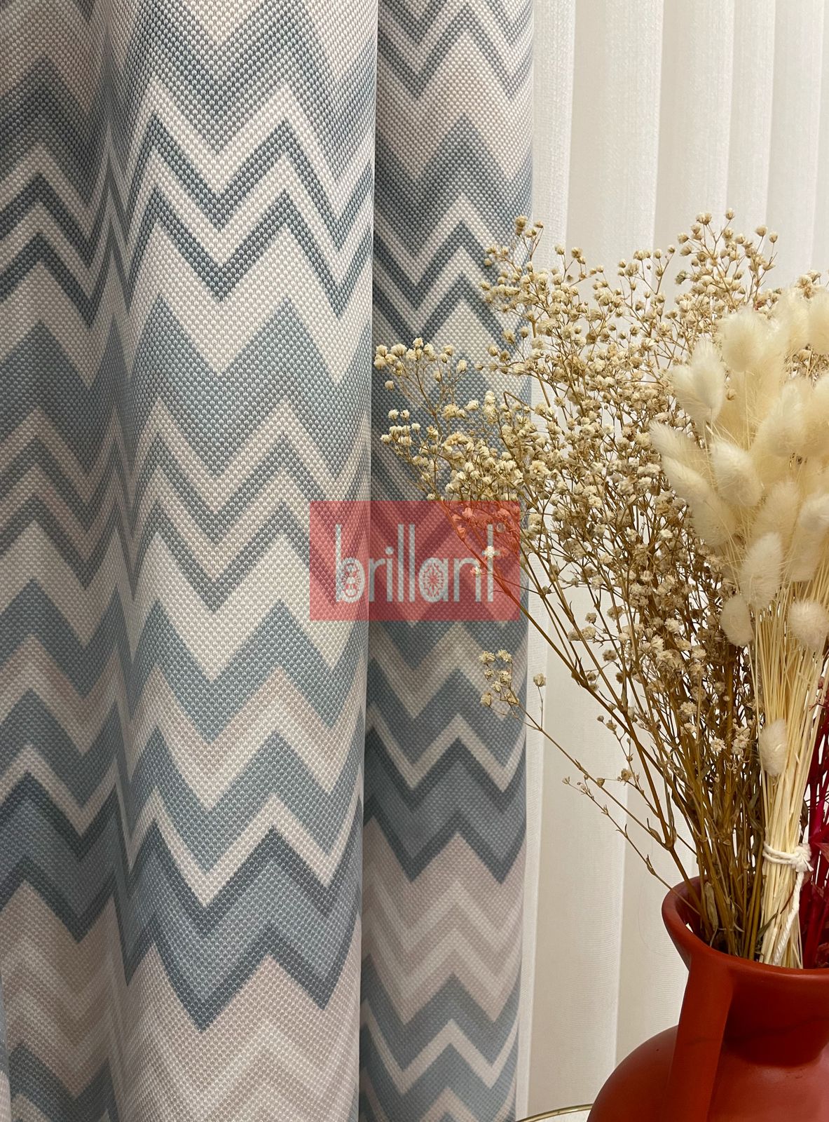 Zigzag Desenli PİLESİZ DÜZ DİKİM Ekstraforlu Fon Perde -GRİ - MAVİ 300x260