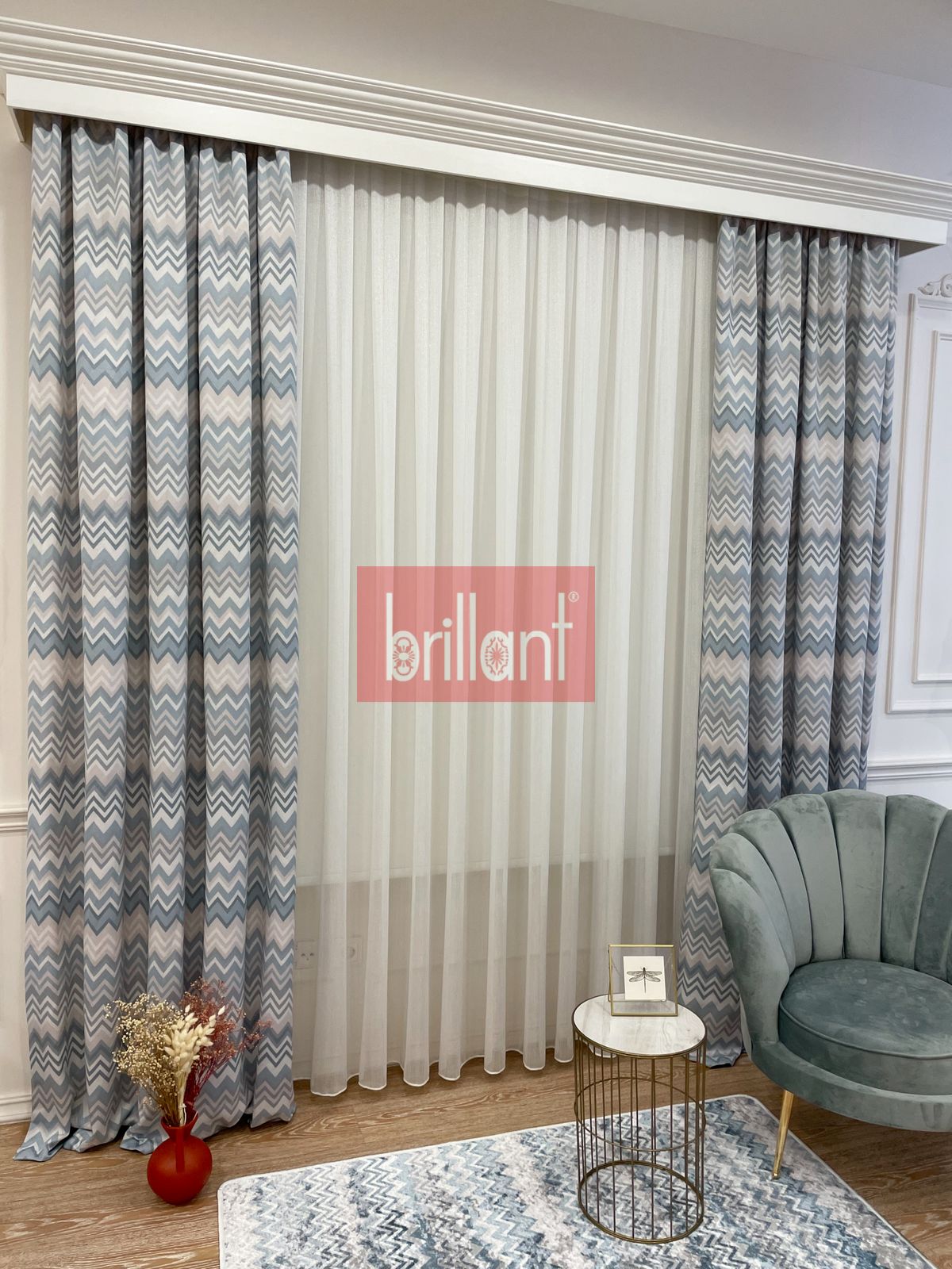 Zigzag Desenli PİLESİZ DÜZ DİKİM Ekstraforlu Fon Perde -GRİ - MAVİ 300x260