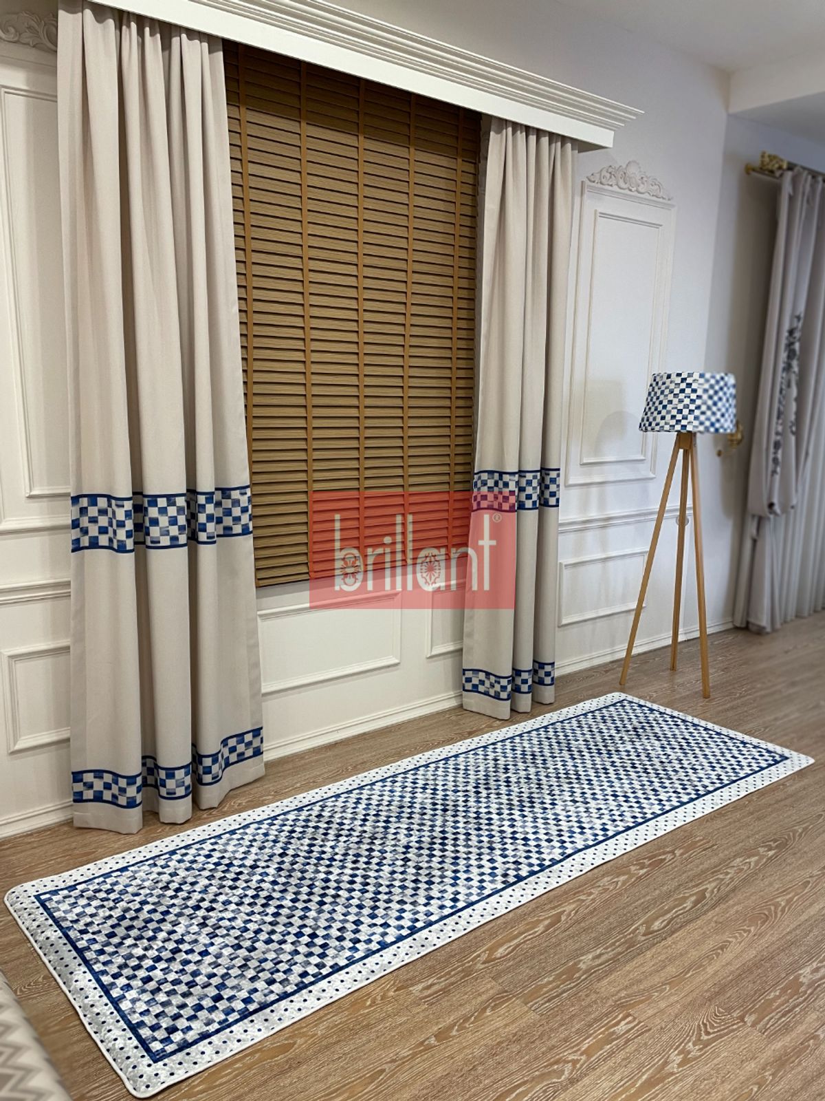 Pilesiz Ekstraforlu Damalı Mckenzie Temalı Perde Mutfak - Bej-Mavi 300x260
