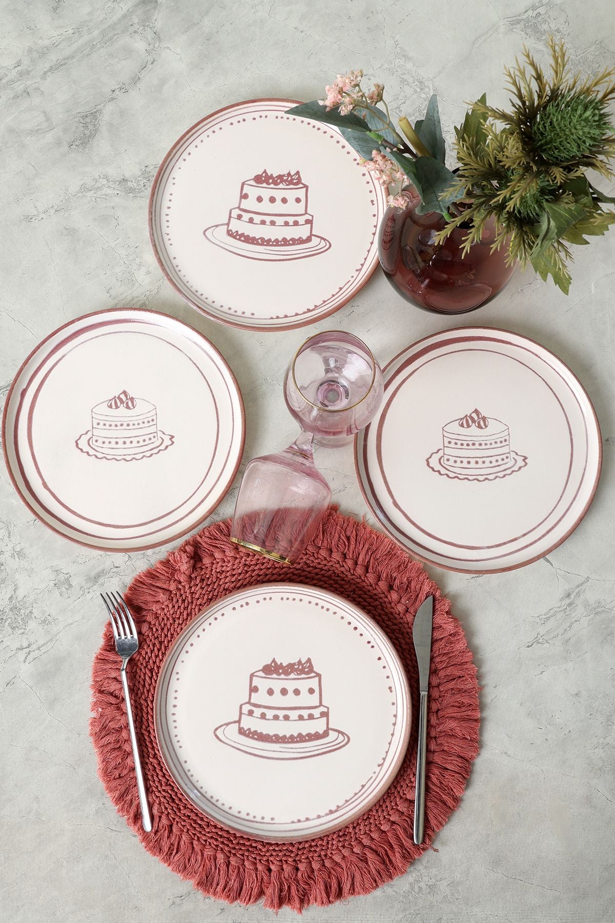 KERAMIKA Pink Cake Nordic Pasta Tabağı 22 Cm 4 Adet