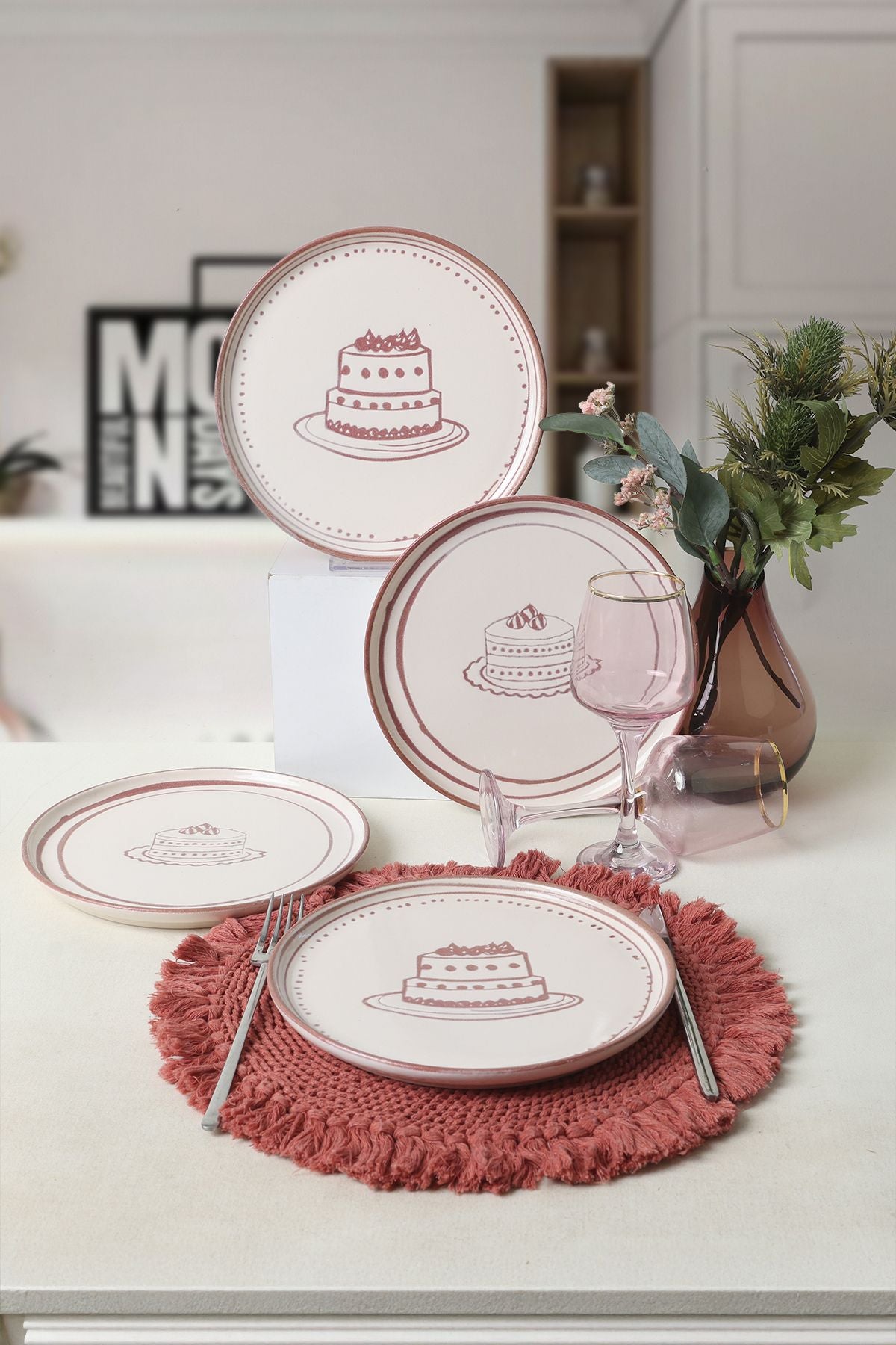 KERAMIKA Pink Cake Nordic Pasta Tabağı 22 Cm 4 Adet