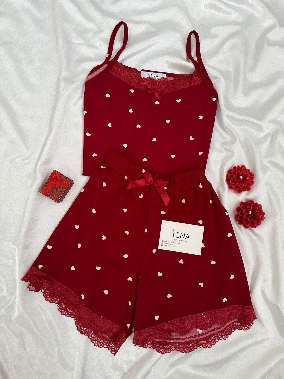Bordo Kalp Desenli Şortlu Pijama Takımı
