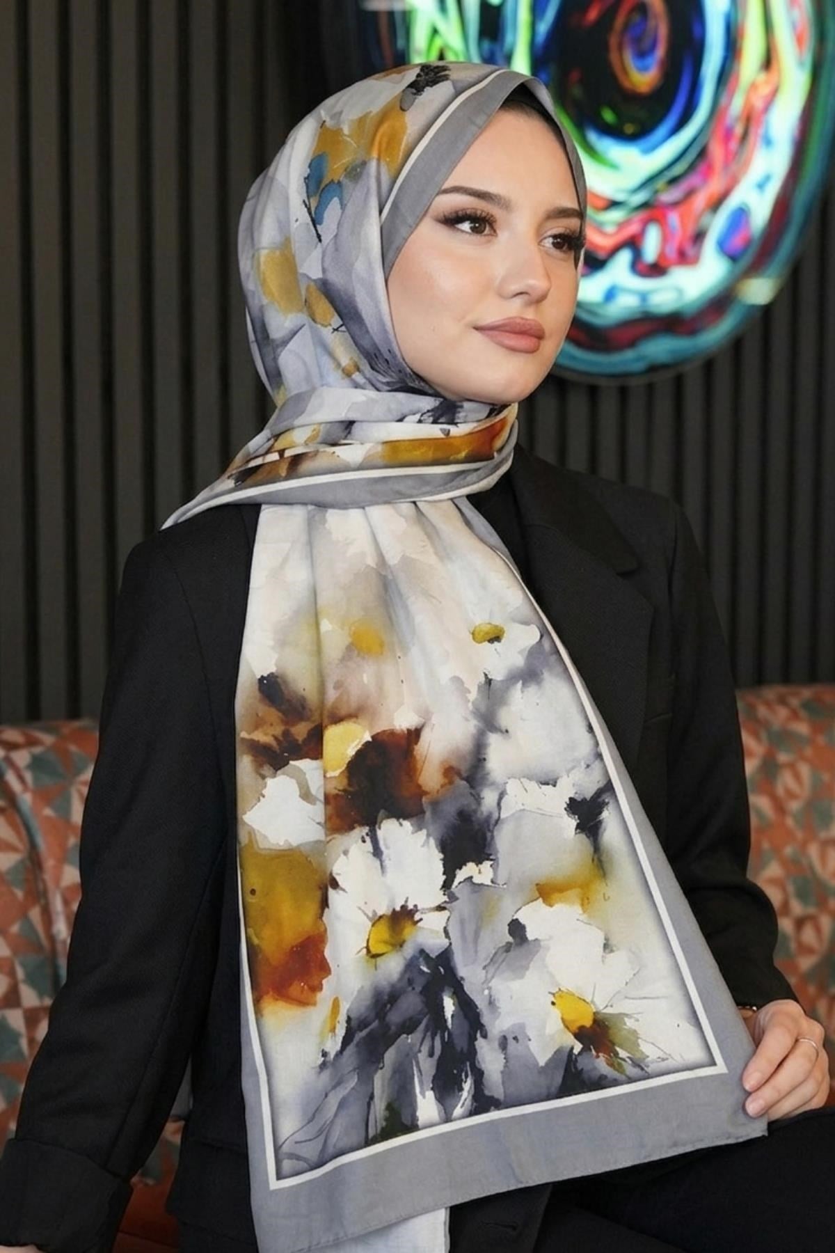 Afvente Çiçek Desen Gri Soft Pamuk Şal