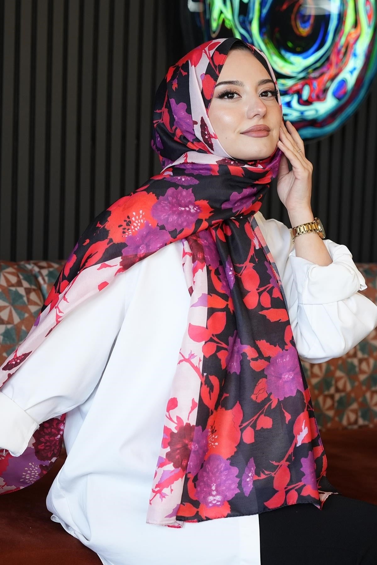 Afvente - Manolya Çiçek Desen Pembe Soft Pamuk Eşarp