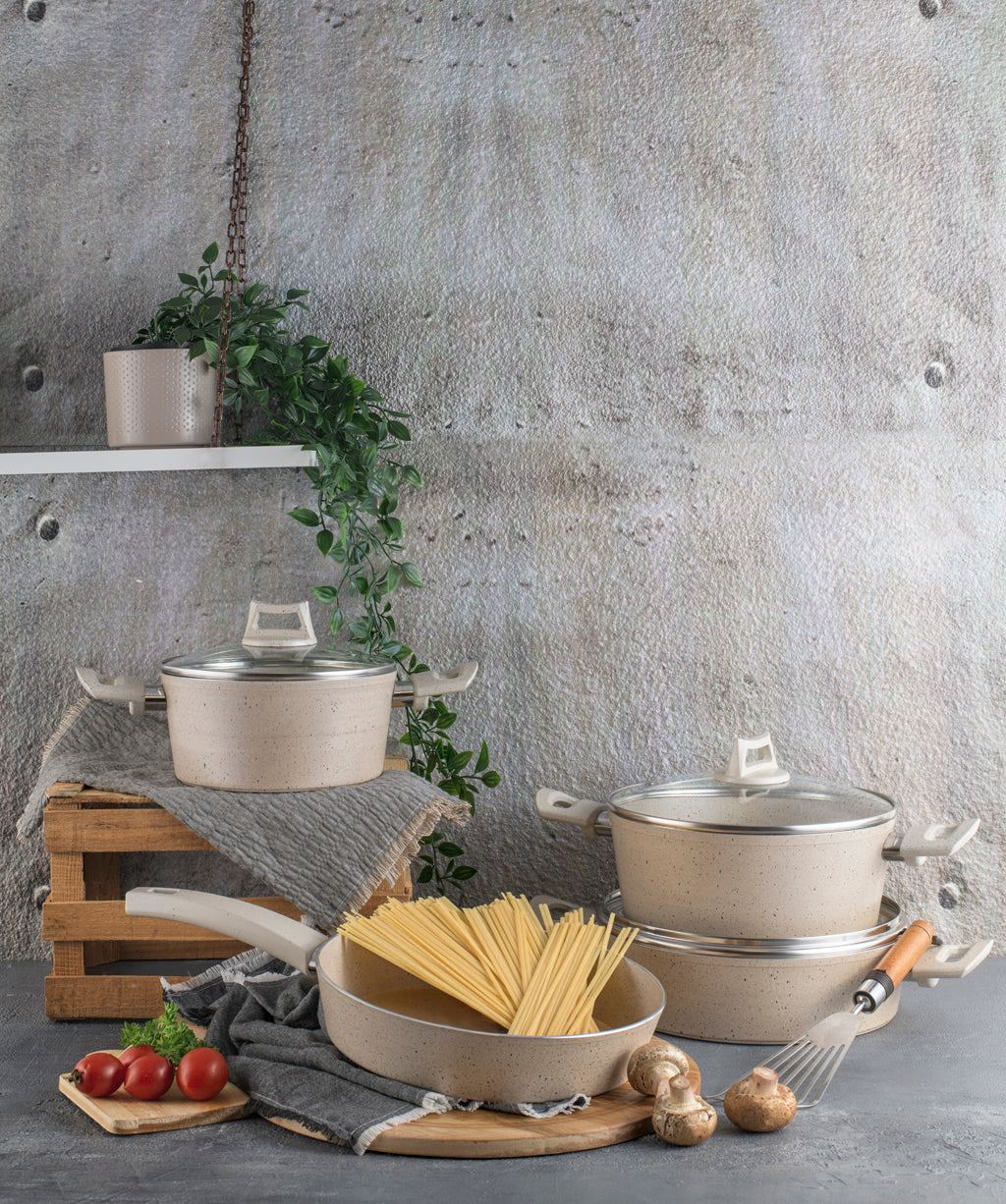 ORKİDE KREM 7 PARÇA SET / 20 CM TENCERE + 24 CM TENCERE + 26 CM KARNIYARIK + 26 CM TAVA