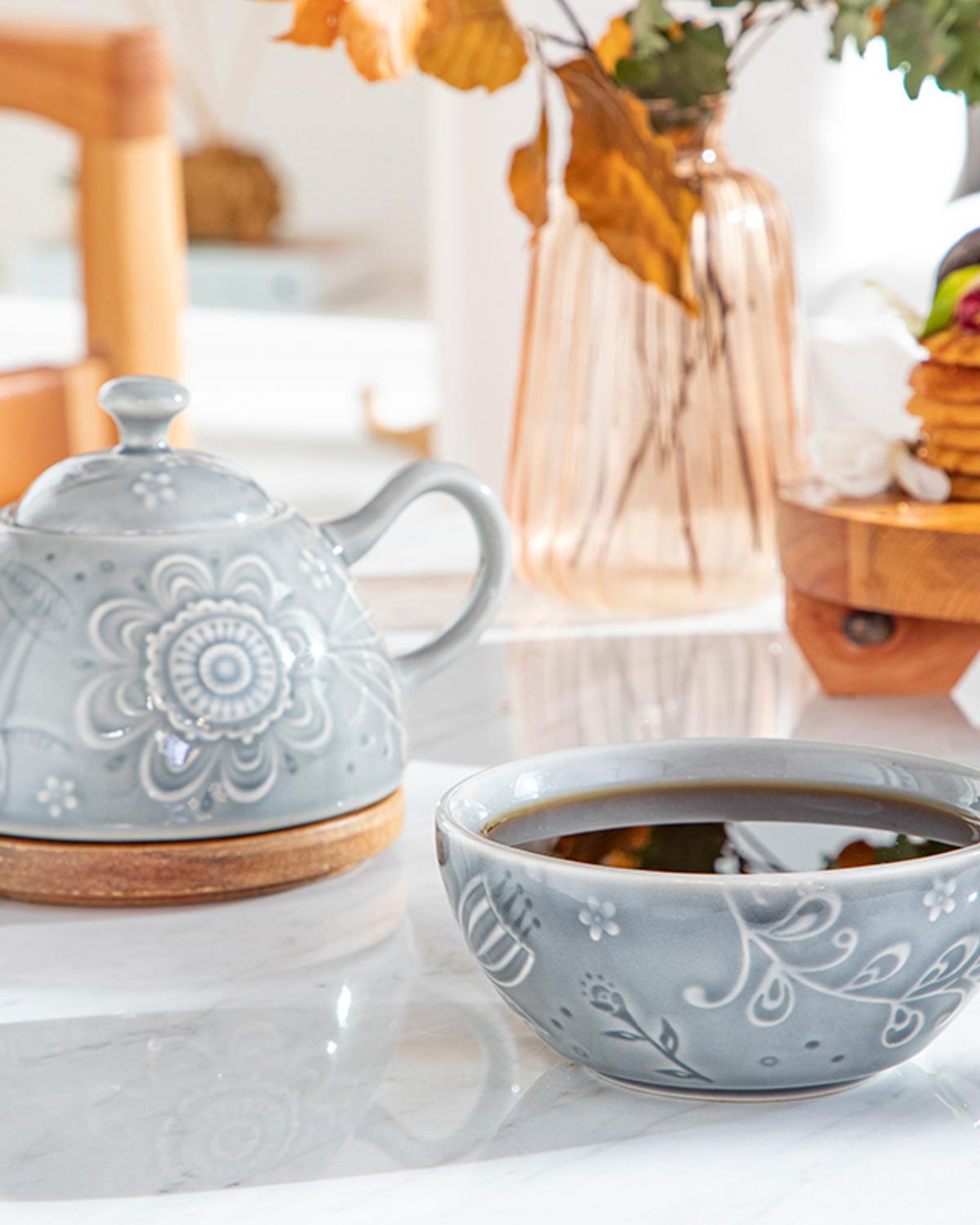Floral Poem Stoneware Demlik Seti 350 ml + 250 ml Gri