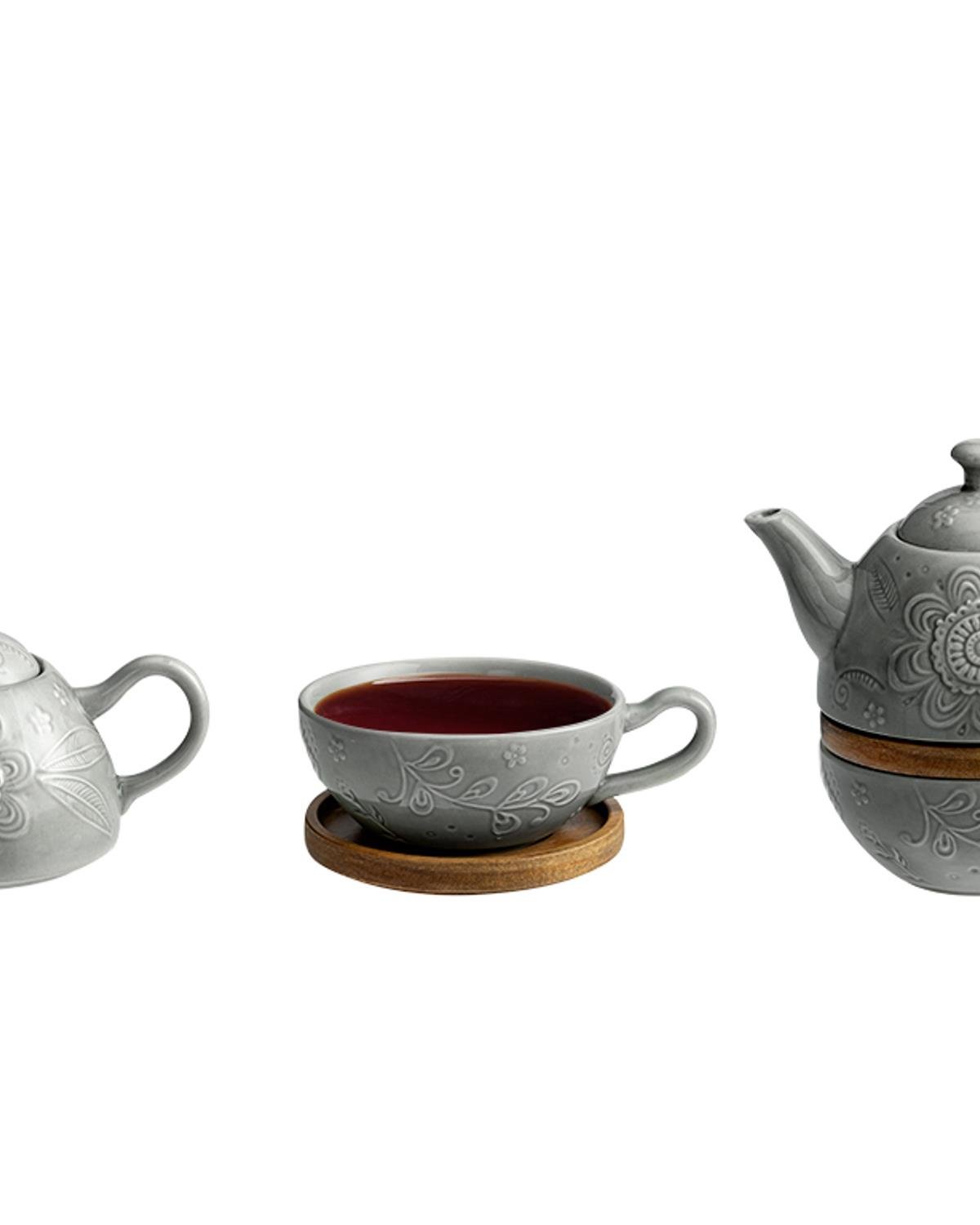 Floral Poem Stoneware Demlik Seti 350 ml + 250 ml Gri