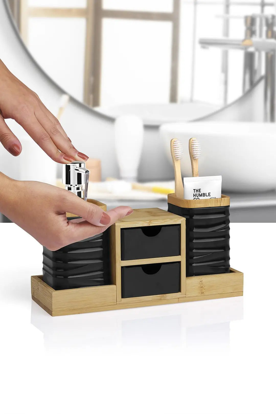 Kitchen Life Siyah Bambu Çekmeceli Sıvı Sabunluk Ve Diş Fırçalıklı Banyo Organizeri