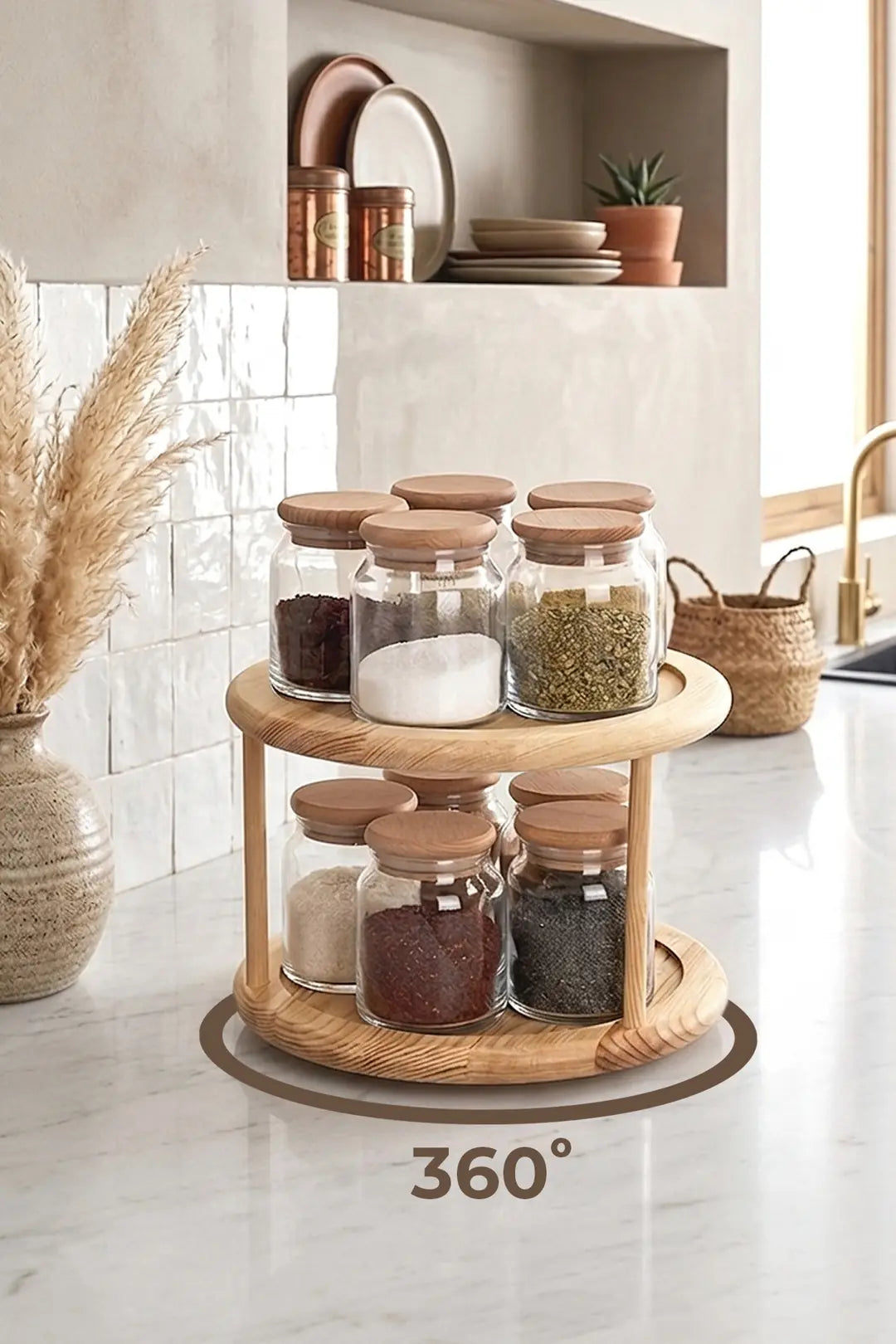 Kitchen Life 11 Parça Bambu Kapaklı Vakumlu Döner Bambu Standlı Etiketli Cam Baharatlık Seti Kavanoz