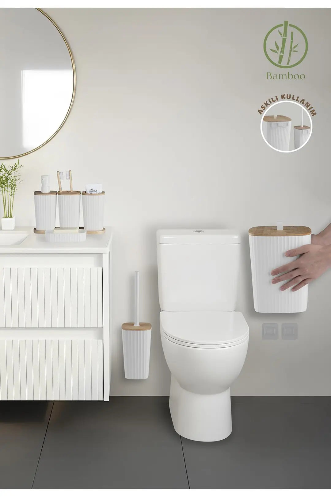 Kitchen Life Yapışkanlı Gerçek Bambu Beyaz 6'lı Safir Banyo Seti