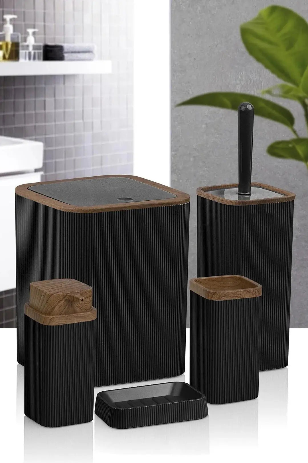 Kitchen Life Stella Siyah Ahşap Desenli Çizgili 5'li Banyo Seti