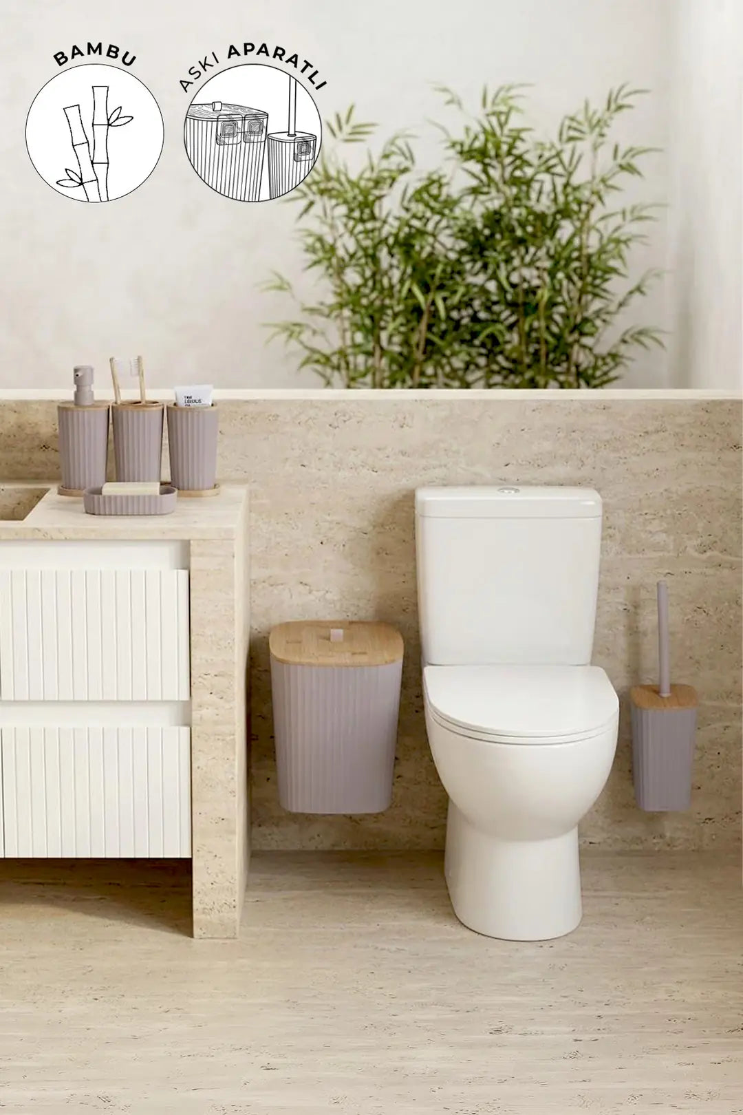 Kitchen Life Yapışkanlı Gerçek Bambu Kahverengi 6'lı Safir Banyo Seti