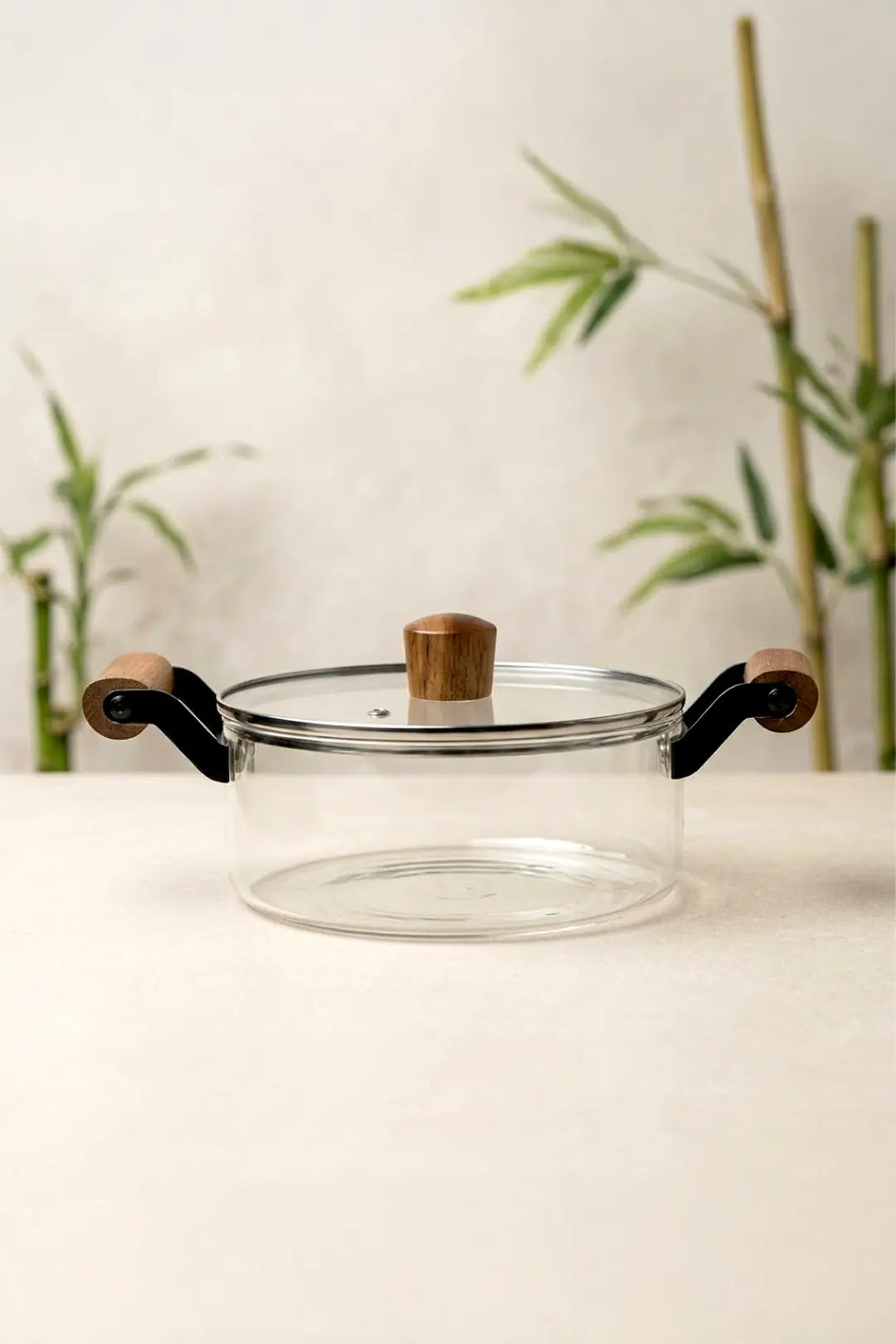 Kitchen Life Ahşap Kulplu,Kapaklı Şeffaf Borosilikat Cam Tencere-Pişirme Tenceresi 2,5 Litre
