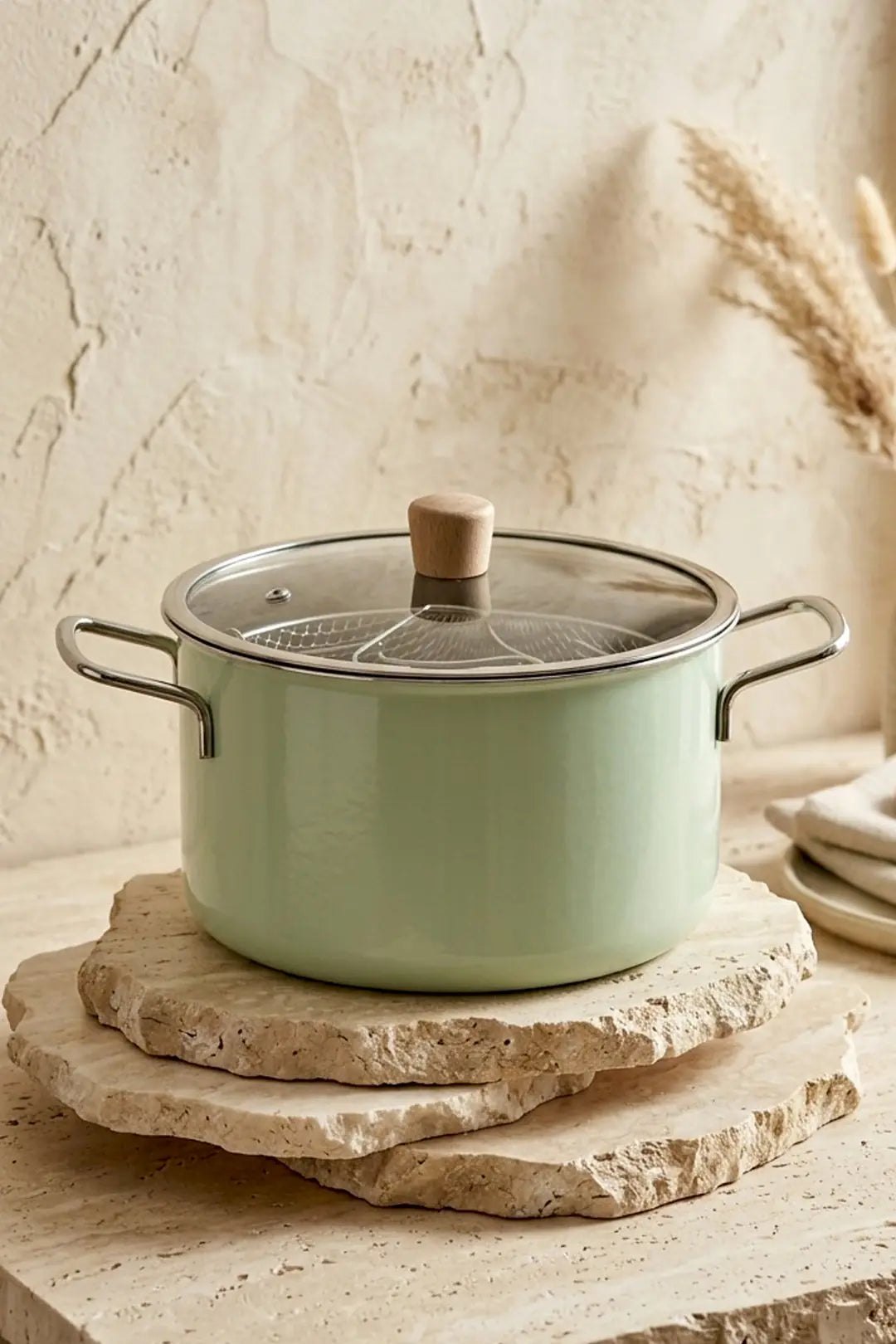 Kitchen Life Titan Cook Ahşap Kulplu,Paslanmaz Saplı Su Yeşili Süzgeçli Emaye Kızartma Tenceresi 22 cm