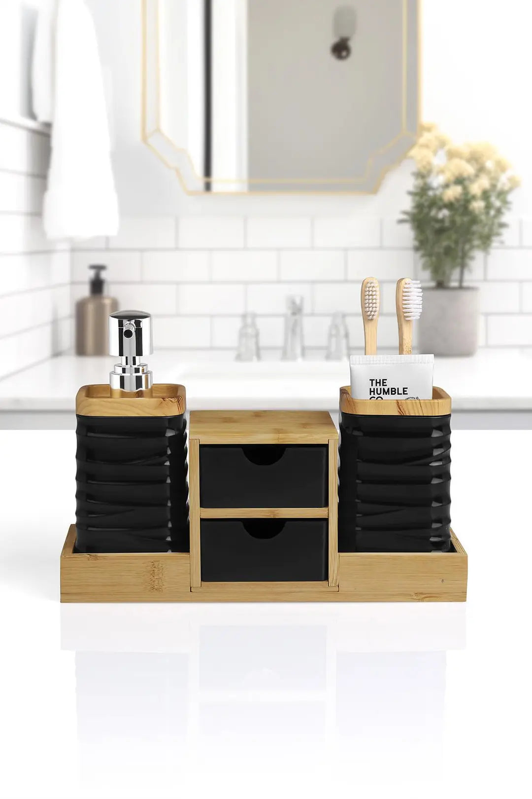 Kitchen Life Siyah Bambu Çekmeceli Sıvı Sabunluk Ve Diş Fırçalıklı Banyo Organizeri