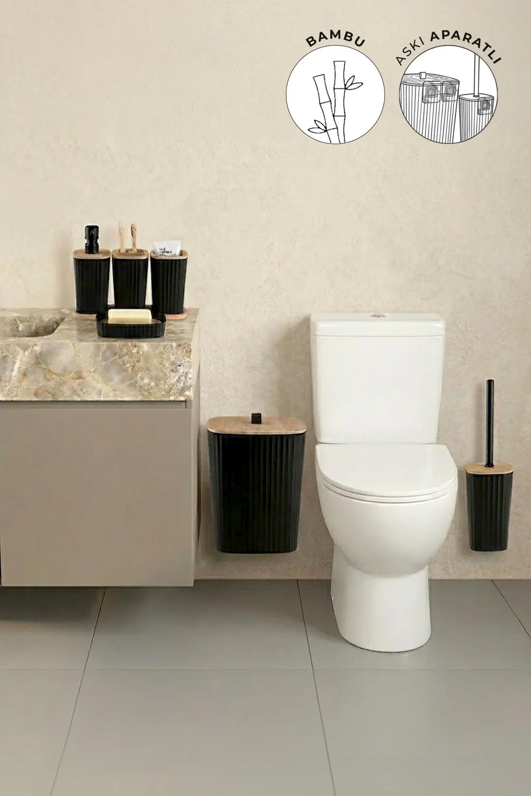 Kitchen Life Yapışkanlı Gerçek Bambu Siyah 6'lı Safir Banyo Seti