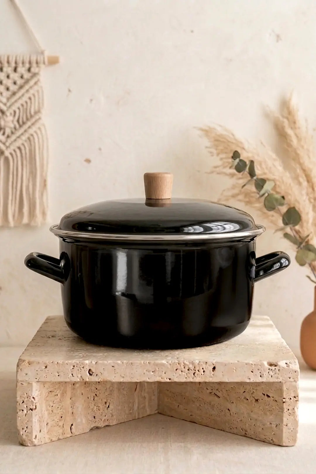 Kitchen Life Terra Cook Ahşap Kulplu,Paslanmaz Saplı Siyah Süzgeçli Emaye Kızartma Tenceresi 22 cm
