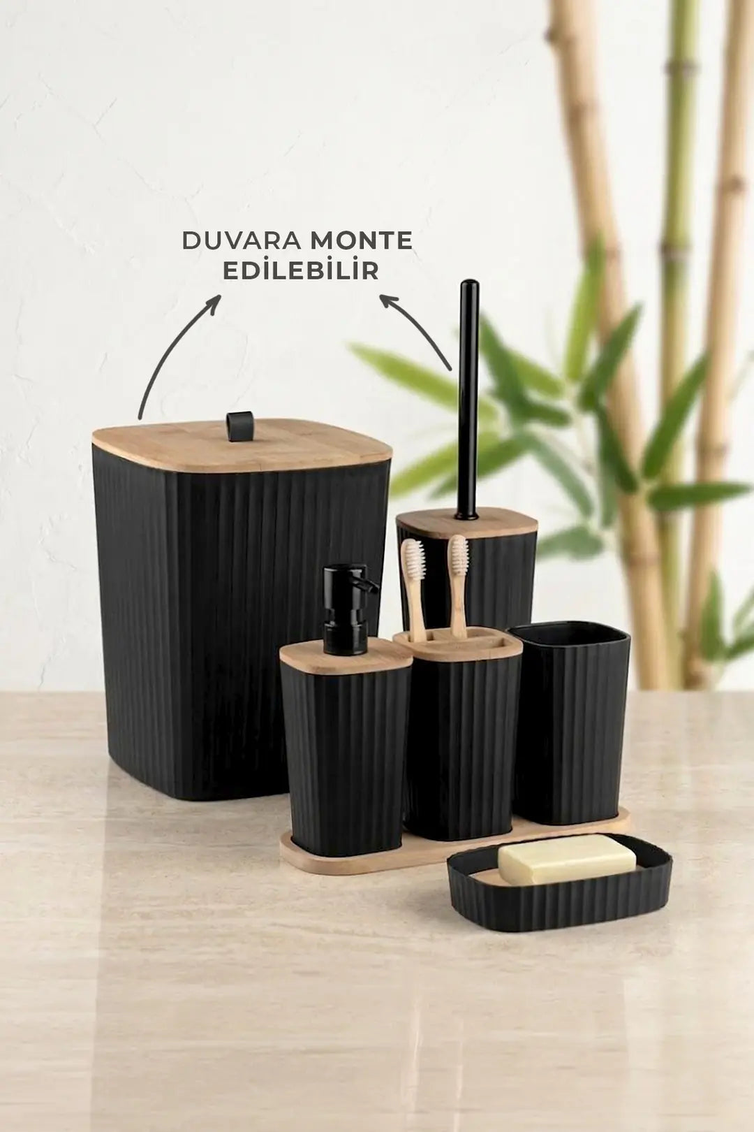 Kitchen Life Yapışkanlı Gerçek Bambu Siyah 6'lı Safir Banyo Seti