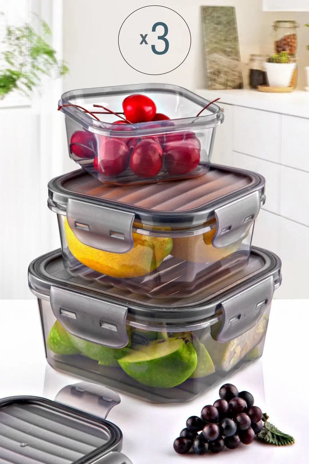 Kitchen Life 3'lü Tam Vakumlu Kilitlli Erzak Saklama Kabı Seti -Hava Geçirmez (400ml+800ml+1400ml) Sızdırmaz