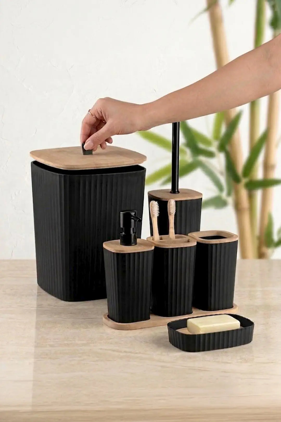 Kitchen Life Yapışkanlı Gerçek Bambu Siyah 6'lı Safir Banyo Seti