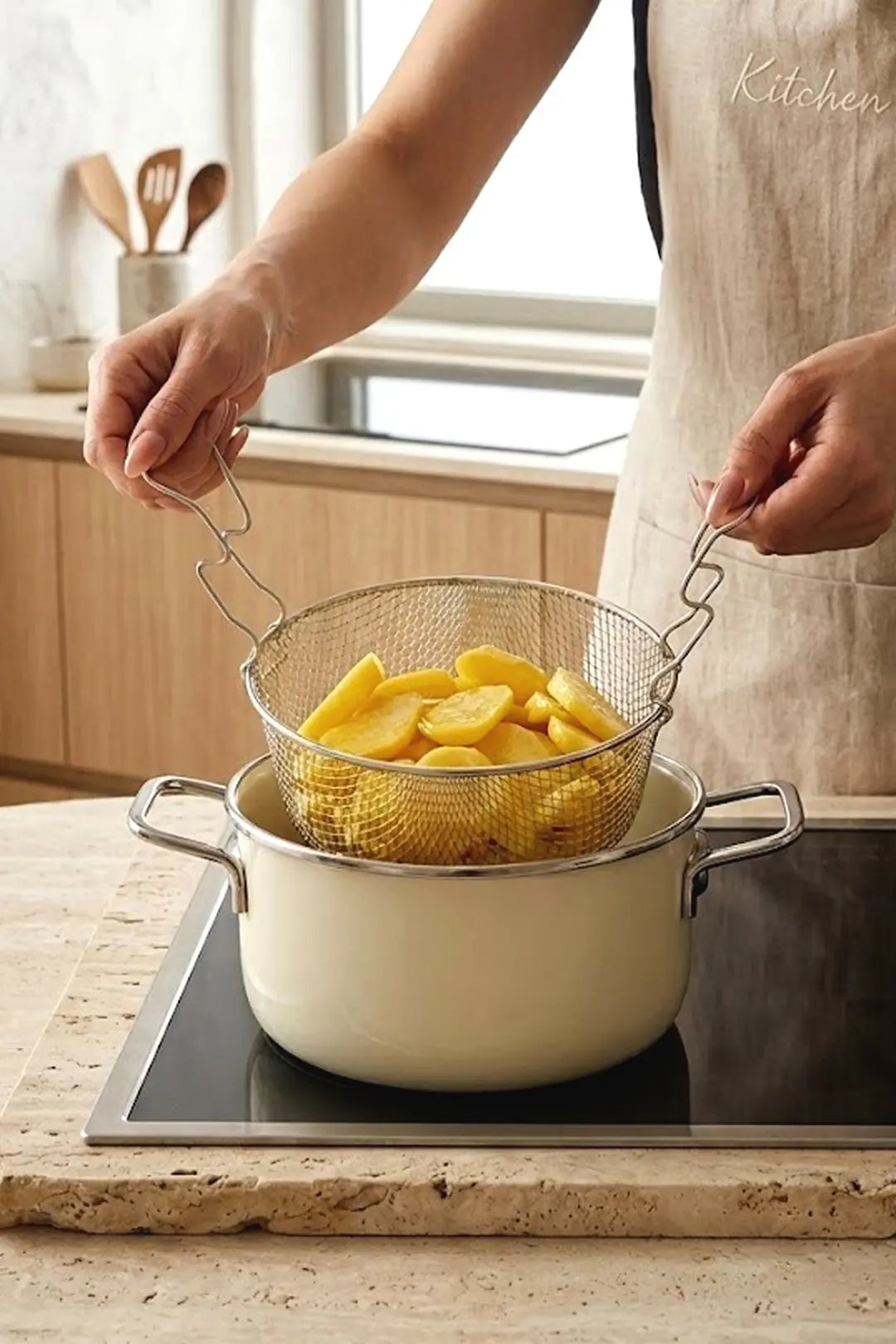 Kitchen Life Terra Cook Ahşap Kulplu,Paslanmaz Saplı Siyah Süzgeçli Emaye Kızartma Tenceresi 22 cm (Copie)