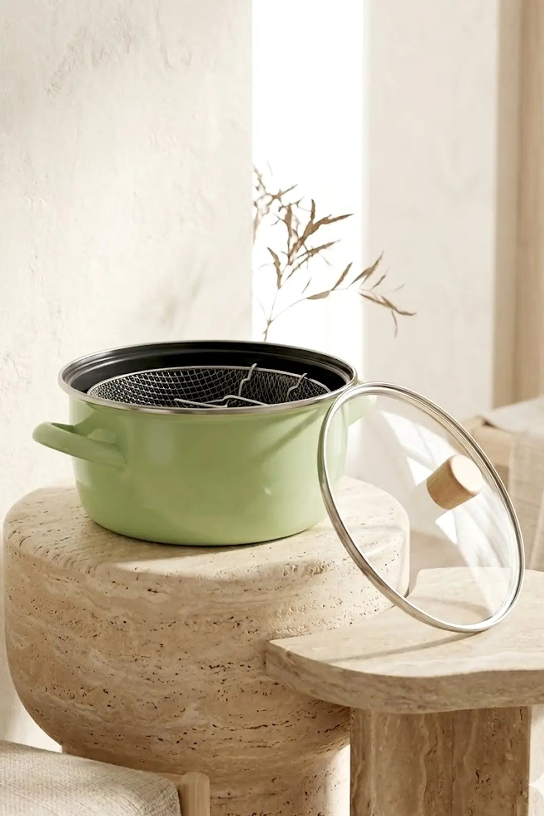 Kitchen Life Master Pro Cook Ahşap Kulplu,Paslanmaz Saplı Su Yeşili Süzgeçli Emaye Kızartma Tenceresi 22 cm