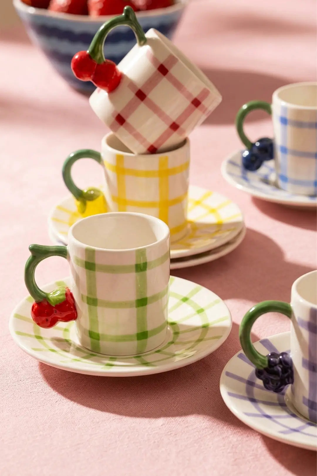Kitchen Life 12 Parça 6 Kişilik Ekose Desenli Meyve Figürlü Porselen Kahve Fincan Takımı 100 ml