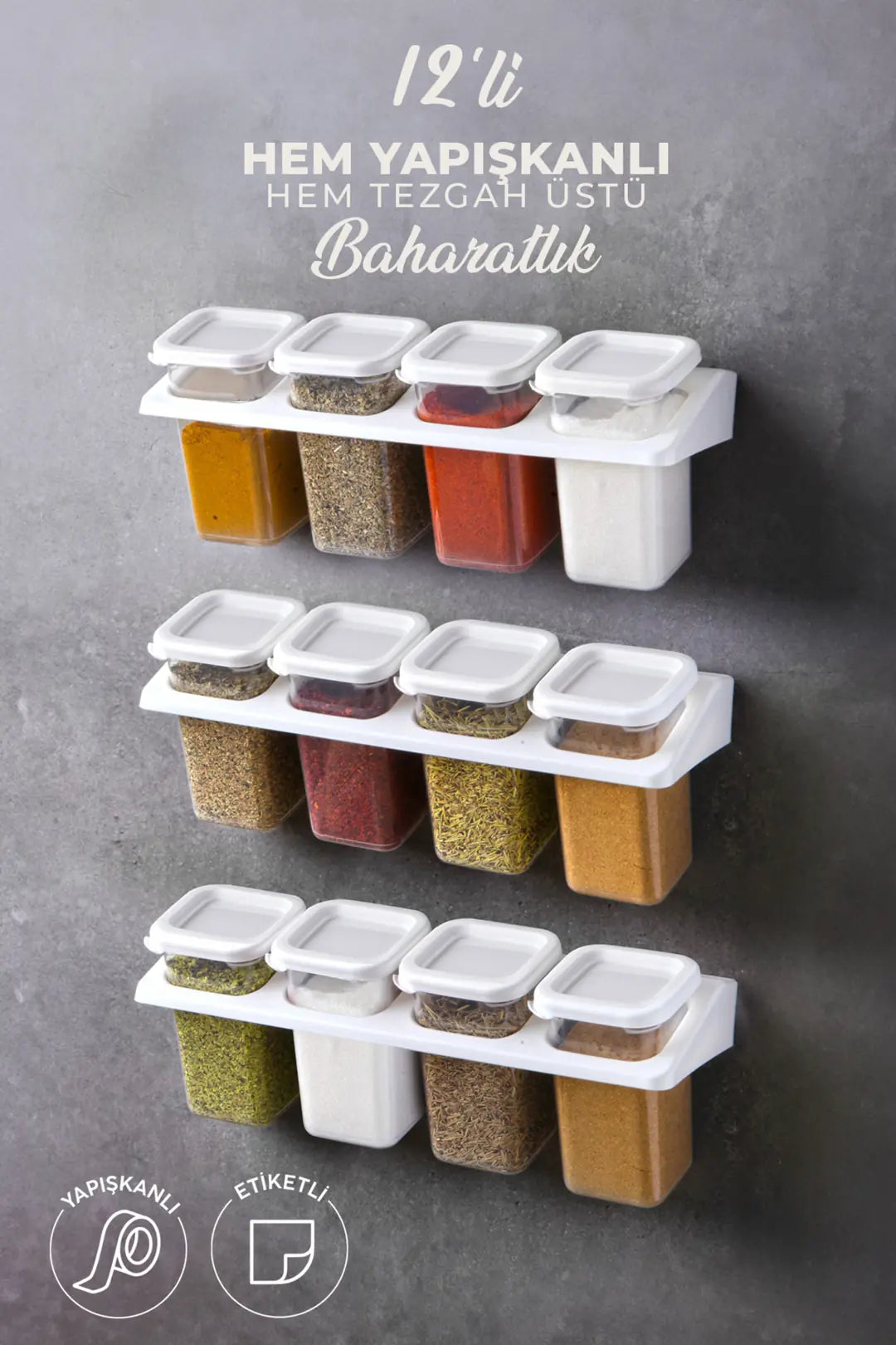Kitchen Life 12'li Etiketli Standlı Kendinden Yapışkanlı Kare Baharatlık Takımı - Erzak Saklama Kabı Seti