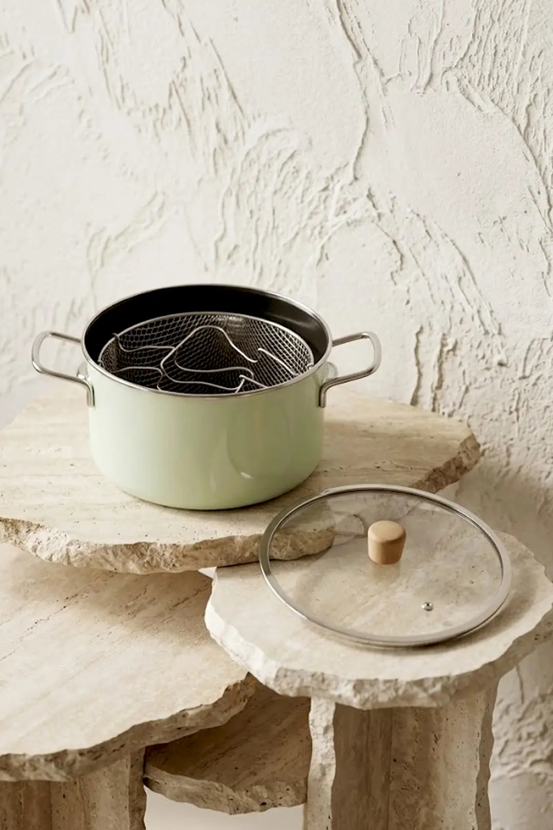 Kitchen Life Titan Cook Ahşap Kulplu,Paslanmaz Saplı Su Yeşili Süzgeçli Emaye Kızartma Tenceresi 22 cm