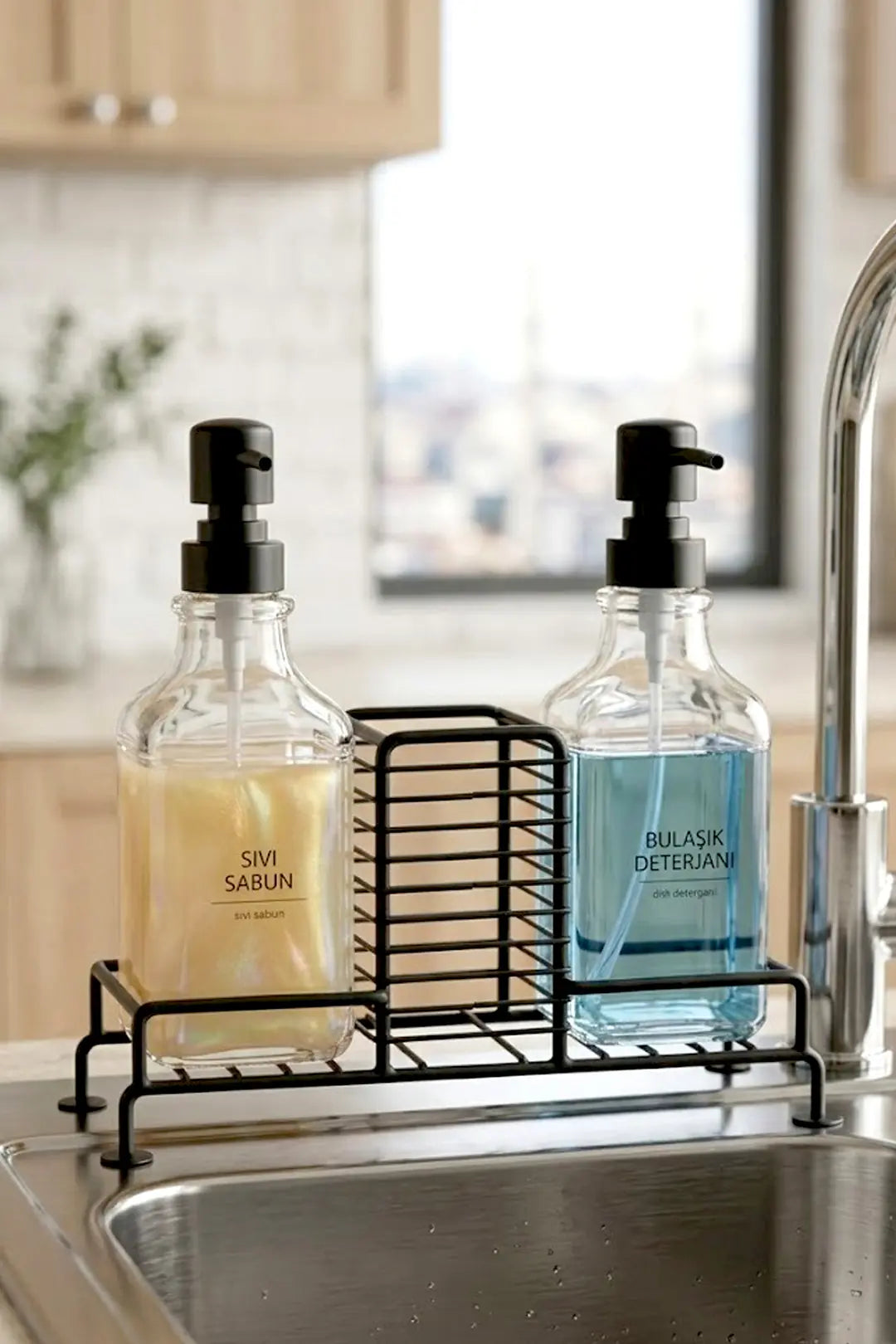 Kitchen Life 2'li Tezgah Üstü Metal Standlı Sünger Hazneli Sabunluk 500 ml-Mutfak Banyo Evye Yanı Sabunluk Seti
