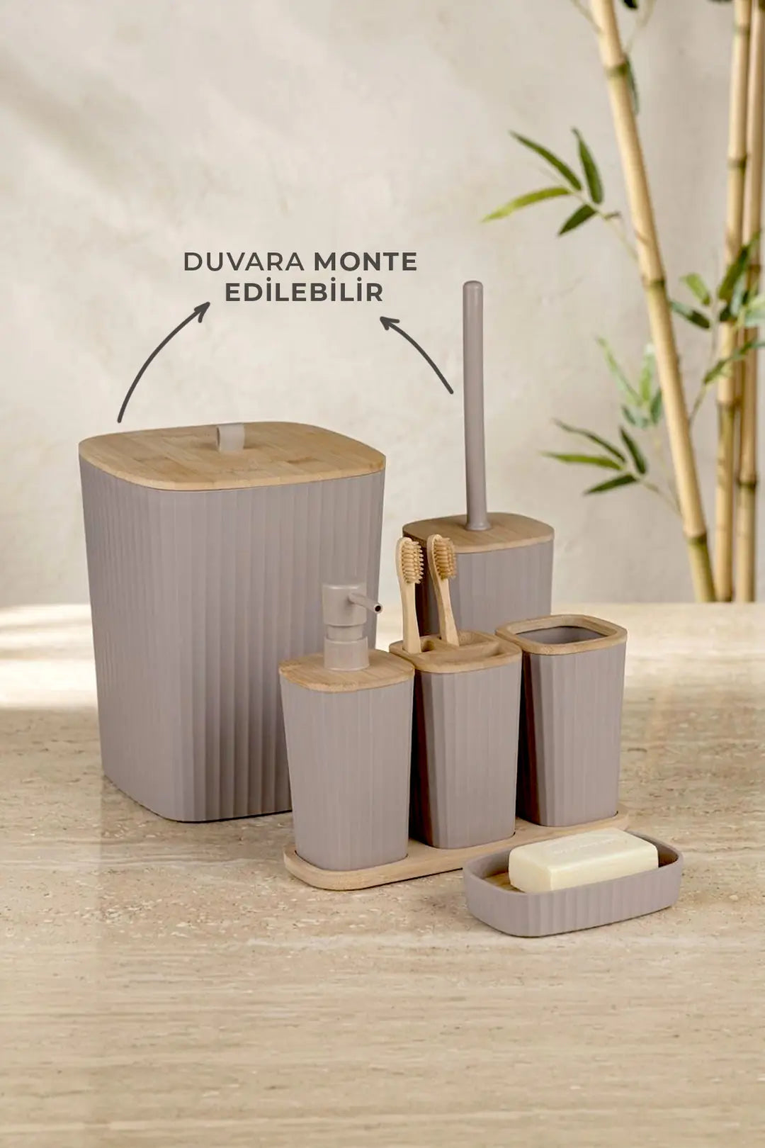 Kitchen Life Yapışkanlı Gerçek Bambu Kahverengi 6'lı Safir Banyo Seti