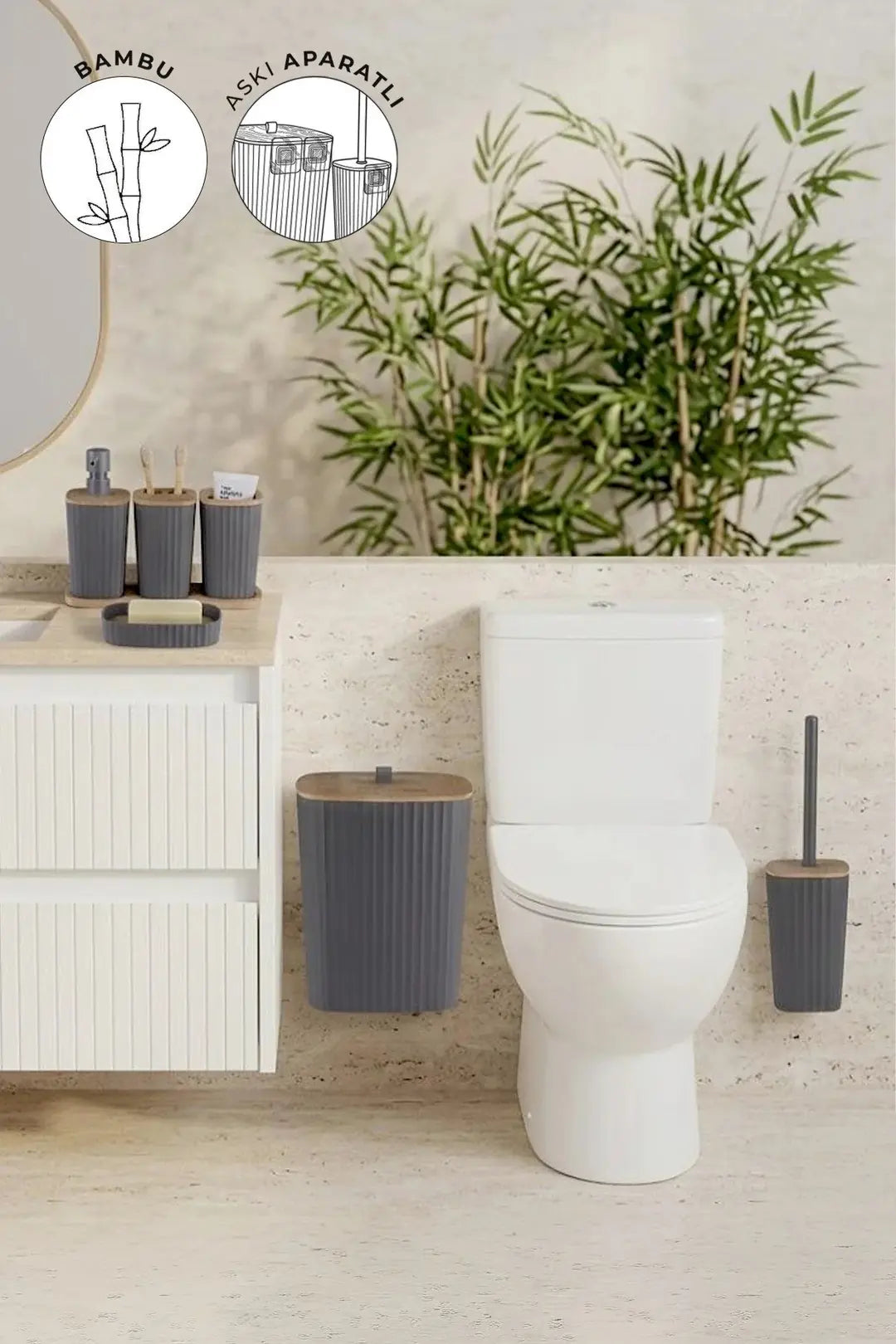 Kitchen Life Yapışkanlı Gerçek Bambu Antrasit 6'lı Safir Banyo Seti