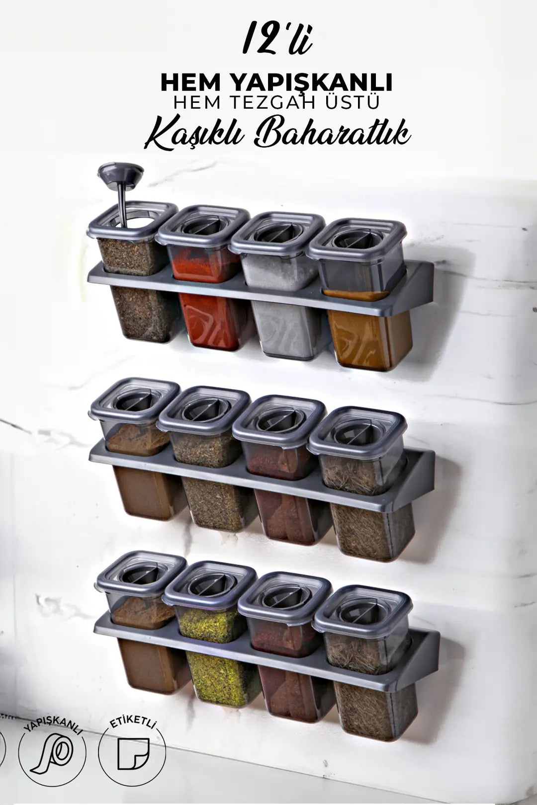 Kitchen Life 12'li Etiketli Standlı Kilitli Kaşıklı Kendinden Yapışkanlı Kare Baharatlık Takımı - Erzak Saklama Kabı Seti