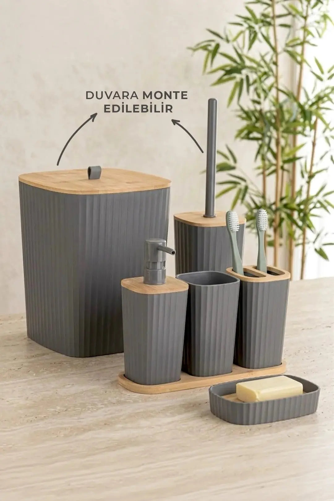 Kitchen Life Yapışkanlı Gerçek Bambu Antrasit 6'lı Safir Banyo Seti