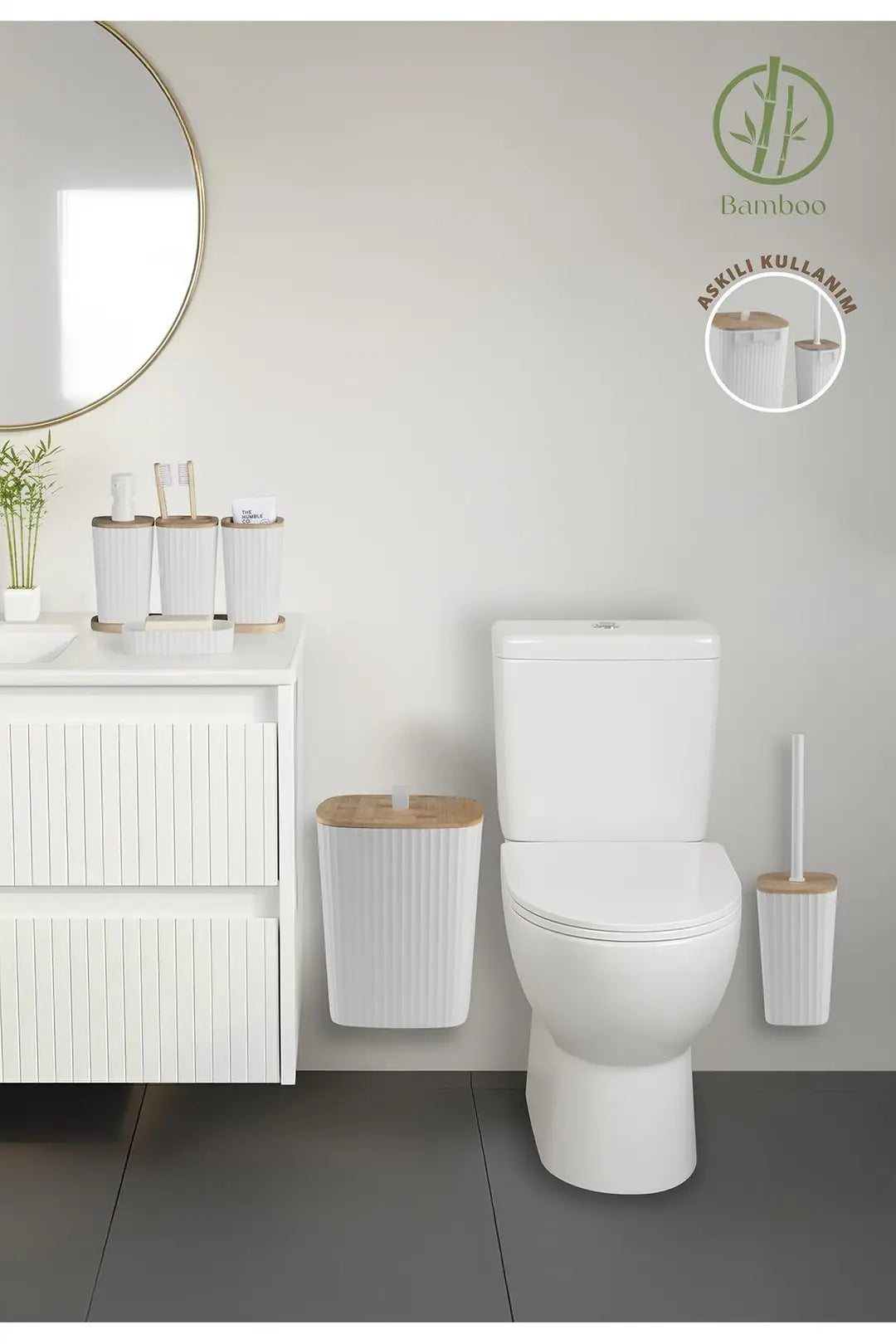 Kitchen Life Yapışkanlı Gerçek Bambu Beyaz 6'lı Safir Banyo Seti